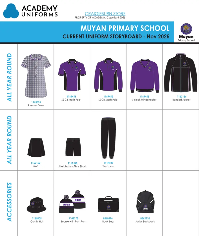 Muyan Primary School uniform collection featuring purple and black colour scheme shirts, dresses, jumpers, pants, hats and junior backpacks